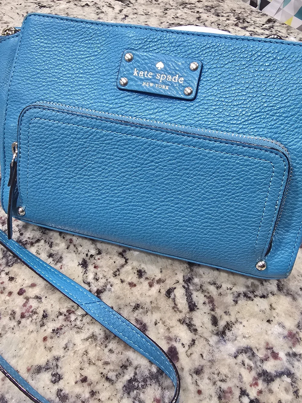 Kate Spade New York Tiffany Blue Pebbled Leather Crossbody Bag Gold Zip